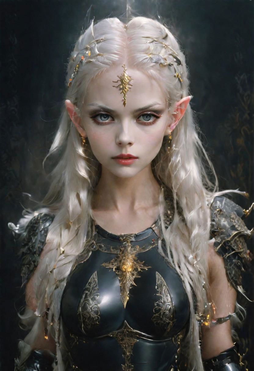 analog film photograph of the high queen, an elf female of unearthly beauty, very long straight white hair, very pale pink skin, light grey eyes, (natural ears:1.2)
mysterious smirking expression, looking down at the viewer, wearing (intricately decorated Milanese black (full cuirass) plate armor:1.4), intricately decorated with a damask, gold inlay, (brandishing a glowing sword pointed at the viewer:1.9),
elf queen, full body shot,
1girl, GLOWING STYLE