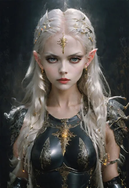 analog film photograph of the high queen, an elf female of unearthly beauty, very long straight white hair, very pale pink skin, light grey eyes, (natural ears:1.2)
mysterious smirking expression, looking down at the viewer, wearing (intricately decorated Milanese black (full cuirass) plate armor:1.4), intricately decorated with a damask, gold inlay, (brandishing a glowing sword pointed at the viewer:1.9),
elf queen, full body shot,
1girl, GLOWING STYLE