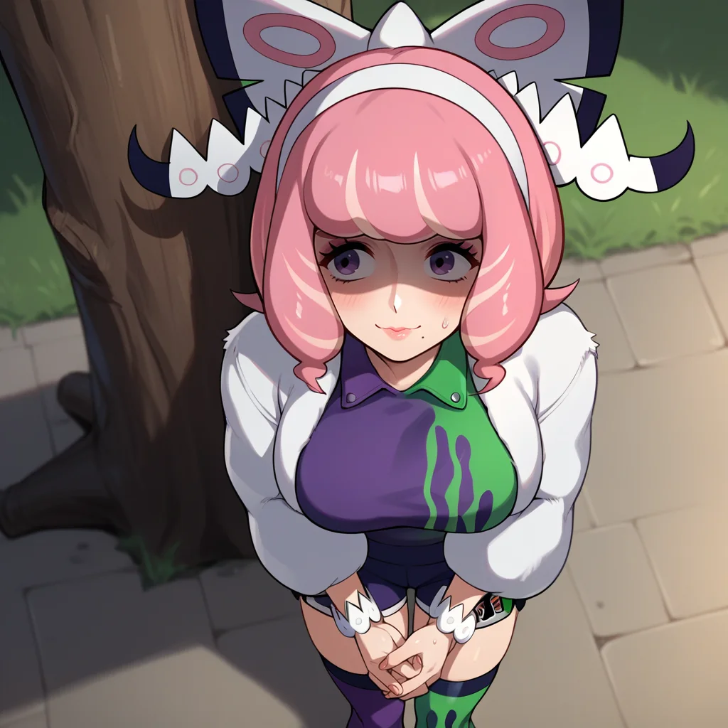 score_9,score_8_up,score_7_up,score_6_up,source_anime,rating_safe, dojo, <lora:Klara_SWSH:0.8>klara_swsh, 1girl, pink hair, mole under mouth, large breasts, looking away, nervous smile, POV, Against Tree, High Angle,purple shirt, purple sport shorts, white coat, thigh highs, nervous sweat, nervous sweat emoji, hands clasped, zPDXL2,