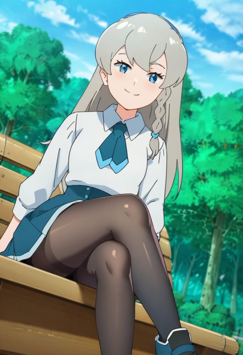 score_9, score_8, score_7_up, source_anime, anime_coloring, anime_screenshot, highres, rating_quesitionable
PKMNRegina, 1girl, long hair, grey hair, bangs, braid, side braid, single braid, hairband, blue hairband, blue eyes, white shirt, collared shirt, school uniform, necktie, blue necktie, long sleeves, skirt, blue skirt, pantyhose, shoes, blue footwear,
smug, sitting, crossed legs, outdoors, 1girl, bench, trees, sky, clouds, sun, looking at viewer, day, forest, cowboy shot, upper body focus, (Dutch angle:1.4), thighs