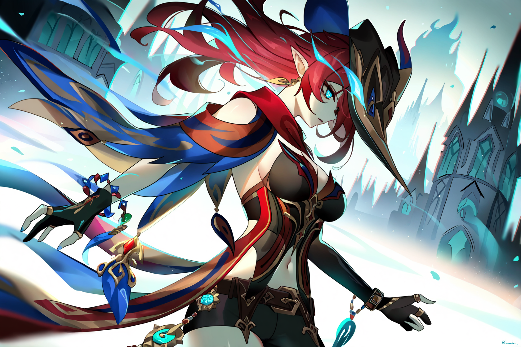 8k, best quality, masterpiece, (ultra-detailed), (high detailed skin), 
1girl, dynamic angle, head tilt, flaming eye, glowing eyes, looking afar, Depth of field, dim lighting, back lighting, dark, Neon, optical illusion, [Cyan|Red] anaglyph, motion blur, spot color, [(anaglyph background:1.2)::0.2], (Buildings Silhouette background:1.2), newest, highres, illustration, incredibly absurdres, ultra detailed, masterpiece, best quality, <lora:enhancerV4-xl:1>, <lora:detailed_notrigger:1>, 
<lora:Chasca-noob-Tanger-000014:0.8>, Chasca, Chasca-def clothes, capelet, single pantsleg, blakc corset, 1girl, pointy ears, blue eyes, breasts, hat, jewelry, red long hair,  navel, earrings, bracelet, black asymmetrical fingerless gloves, asymmetrical clothes, hanging ornaments, 
cold face, cool,
