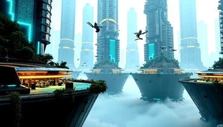A city built on massive floating platforms above the clouds. Skyscrapers rise from the platforms, their bases shrouded in mist. The city is interconnected by sleek, transparent walkways, and the air is filled with flying vehicles and drones.Nature reclaiming parts of the city, with plants that glow with neon lights intertwined with the decaying architecture.Fields of plasma energy that distort light, creating shimmering waves of color and light around them. Random glitches in the holographic displays throughout the city, causing light to distort and break.Urban crystals that glow with a soft, inner light, embedded in the city's architecture.