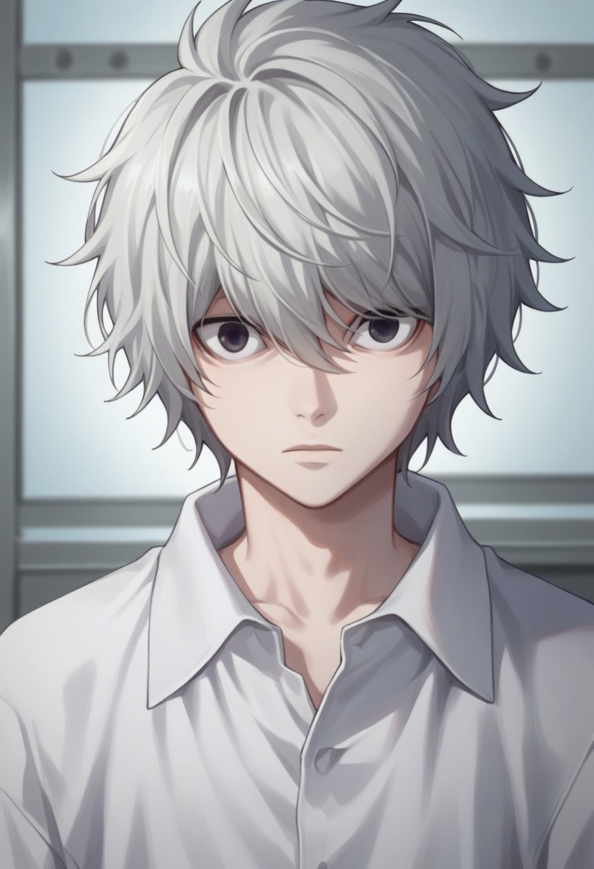 score_9, score_8_up, score_7_up, source_anime, highly detailed, 
near_dn, 1boy, solo, male focus, shirt, looking at viewer, black eyes, closed mouth, collared shirt, white hair, white shirt, upper body, expressionless, hair between eyes, pale skin,
indoor
