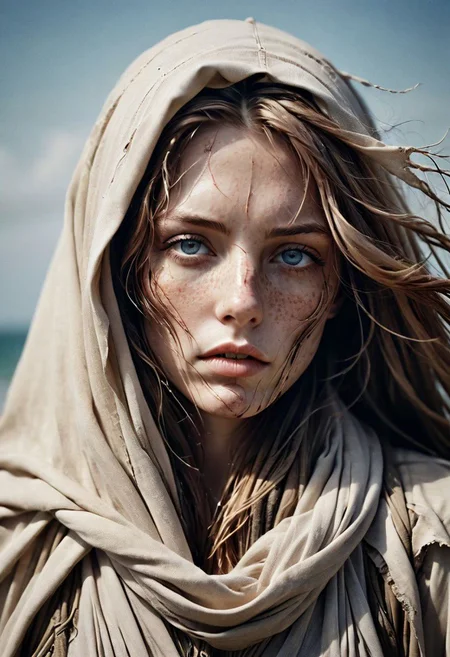 Super Closeup Portrait, Create a DARK dystopian description capturing the essence of a freckled cyborg woman in a close-up photograph, featuring real human blue-gray eyes with an intense gaze. The subject has long flowing hair, draped in a ghostly linen cloak billowing in the wind. The face is a striking fusion of half-cyborg with intricately crafted gold elements and half-human skin, creating a mesmerizing and enigmatic presence. standing at the ocean in bright sunlight, ethereal, sunray,
very detailed, atmospheric haze, Film grain, cinematic film still, shallow depth of field, highly detailed, high budget, cinemascope, moody, epic, OverallDetail, gorgeous, 2000s vintage RAW photo, photorealistic, candid camera, color graded cinematic, eye catchlights, atmospheric lighting, skin pores, imperfections, natural, shallow dof
