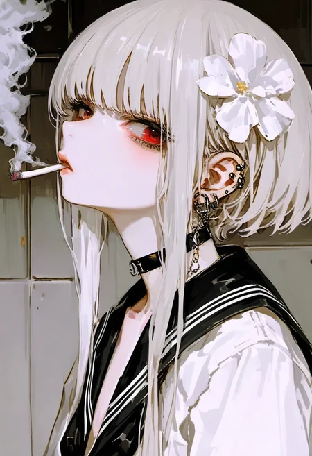 1girl, solo, cigarette, red eyes, looking at viewer, smoking, sailor collar, piercing, hair ornament, choker, jewelry, school uniform, ear piercing, hair flower, bangs, earrings, serafuku, smoke, flower, mouth hold, white hair, upper body, sidelocks, from side, short hair, black sailor collar, short hair with long locks, white shirt <lora:748cmXL_NBVP1_lokr_V6311P:0.95>