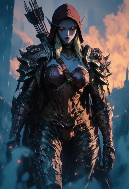 This is an elf woman. Silvana. with a blue skin tone and red glowing eyes. She wears armor with spikes and skulls, which gives her an intimidating appearance. She has long blonde hair that is partially covered by a hood. Behind her is a quiver of arrows, Her expression and posture convey confidence and cold calm, while fog or smoke hovers around her. The background is painted in soft sunset shades, adding drama to the scene