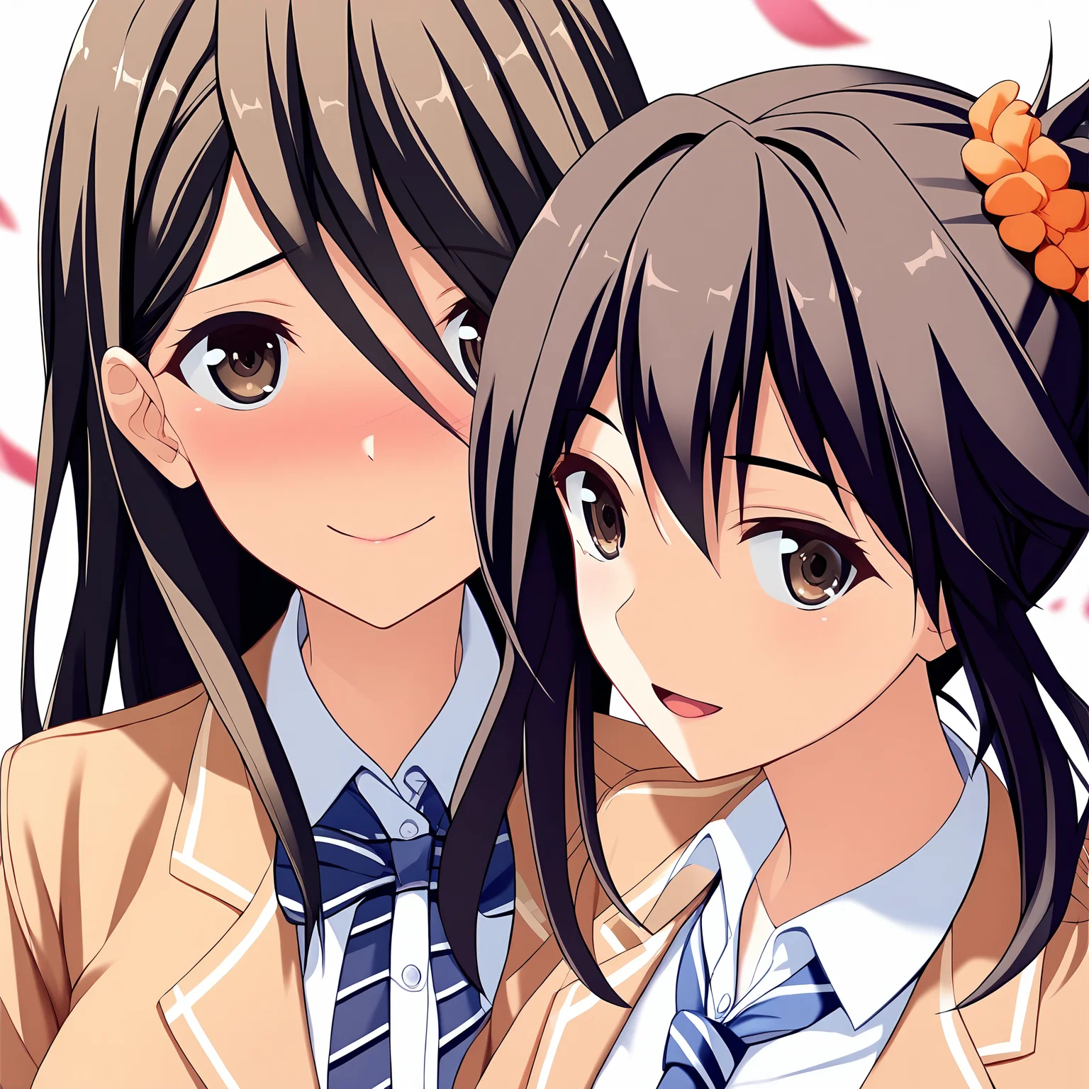 2girls,multiple girls,simple background,white background,smile,masterpiece,best quality,very aesthetic,absurdres,cowboy shot,upper body,close up,looking at viewer,smile,petals,falling petals,(illustration:1.2),(extremely fine and beautiful),(perfect details),(unity CG 8K wallpaper:1.05),(ray tracing),(beautiful and clear background:1.25),(depth of field:0.6),(beautiful face:1.2),
BREAK
1girl,kotori,memories off 8,shonankairyou school uniform,schoolkotori,blush,
BREAK
1girl,yuzuri,memories off 8,shonankairyou school uniform,schoolyuzuri,open mouth,<lora:MemoriesOff8AIOK:0.8>,