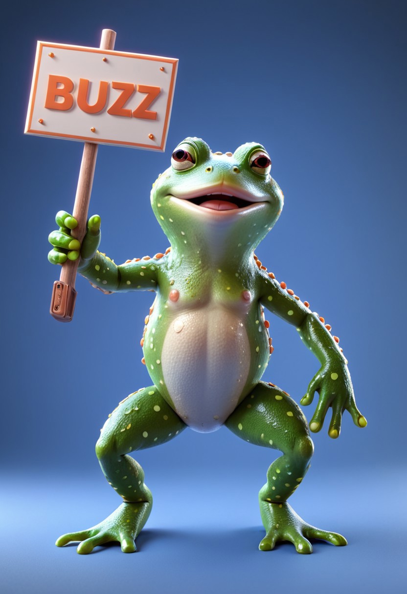 A 3D Pixar movie like Frog. Simple background. Holding sign that says "Need Buzz for Jump." Masterpiece, High quality, Ultra Details, Buzz2