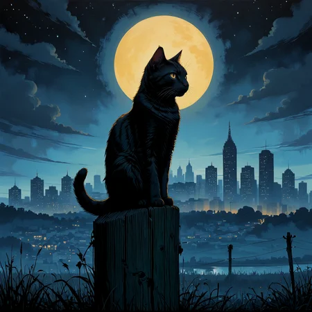 A painting of a cat sitting on a post in a field with a silhouette of the city in the background. Night.
<lora:PopArt01a_CE_XL_300-OT:0.6> popartCE_style