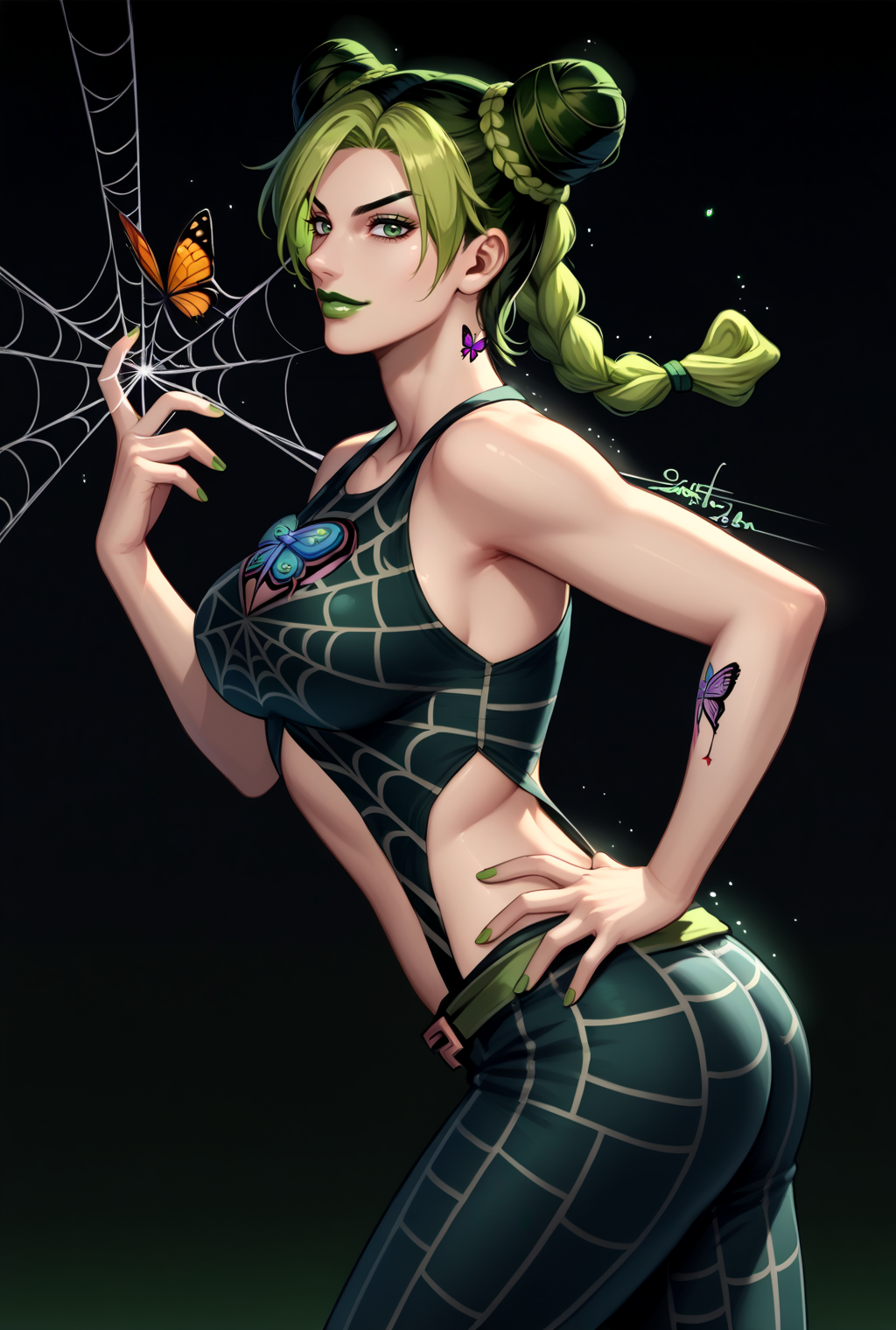 score_9, score_8_up, source_anime  BREAK solo, cowboy shot, looking at viewer,
<lora:JolynePdxlDwnsty:1>, kjolyne, green eyes, two-tone hair, green hair, black hair, double bun, braided bun, braided ponytail, green lips, lipstick, make up, green nails, nail polish, joestar birthmark, tattoo, butterfly, spider web print, midriff,
large breasts, curvy, smirk, pose, hand up, head back, contrapposto,  from side, ass, profile, hand on own hip, skindentation, 
abstract background, spider web, spiral, light particles, dust, sunbeam, cinematic lightning, aura, moon,
<lora:nai3_check2:0.8>