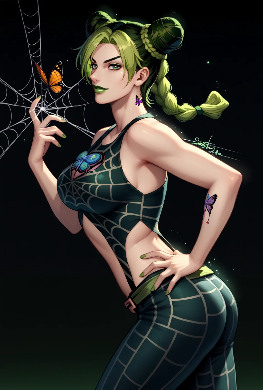 score_9, score_8_up, source_anime BREAK solo, cowboy shot, looking at viewer,
<lora:JolynePdxlDwnsty:1>, kjolyne, green eyes, two-tone hair, green hair, black hair, double bun, braided bun, braided ponytail, green lips, lipstick, make up, green nails, nail polish, joestar birthmark, tattoo, butterfly, spider web print, midriff,
large breasts, curvy, smirk, pose, hand up, head back, contrapposto, from side, ass, profile, hand on own hip, skindentation,
abstract background, spider web, spiral, light particles, dust, sunbeam, cinematic lightning, aura, moon,
<lora:nai3_check2:0.8>