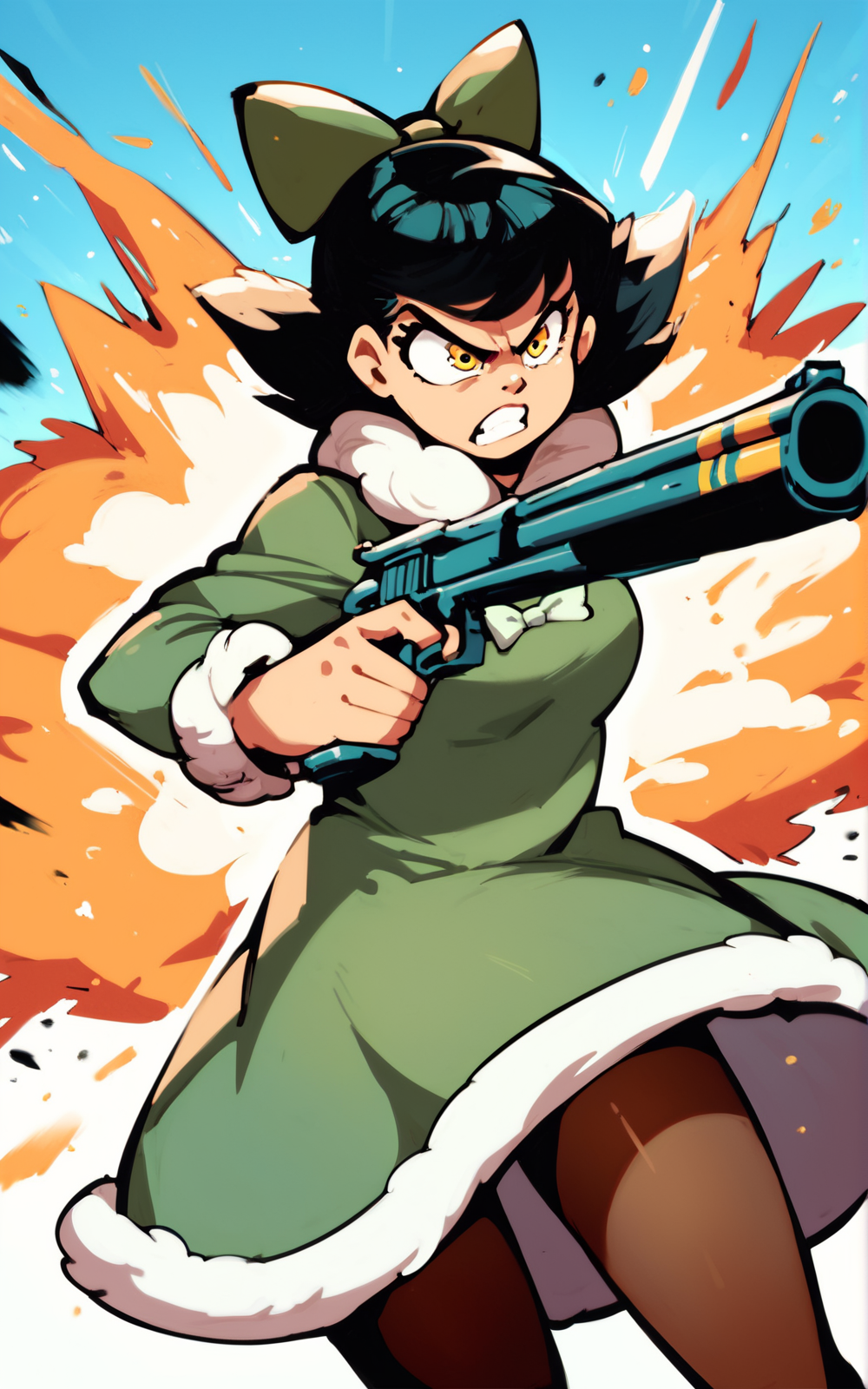 score_9, score_8_up, score_7_up,((best quality)), absurdres,  <lora:3d-2d:0.8>,  <lora:OliviaMannPXL:0.8>,OliviaMannPXL,black hair,short hair,yellow eyes,dress, hair bow, bow,pantyhose,green dress,long sleeves, green bow, fur trim,holding gun ,action pose, angry,explosion ,standing