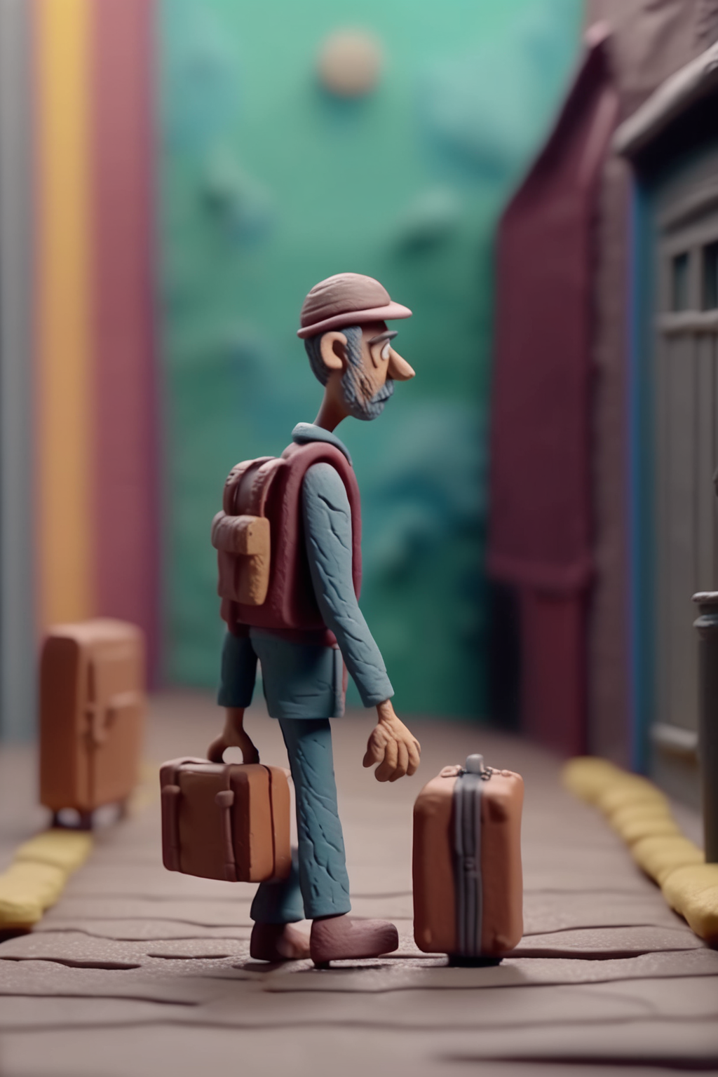 <lora:Stop-Motion Animation:1>Stop-Motion Animation - plasticine, a sad man walks down the street to work with a suitcase in his hands, full body character CLAYMATION