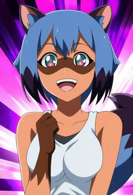 masterpiece, best quality, newest, absurdres, highres, safe, source_anime, BREAK
1girl, michiru kagemori, short hair, black hair, animal ears, blue hair, multicolored hair, furry, furry female, raccoon ears, body fur, raccoon girl, raccoon tail, tail, breasts, looking at viewer, smile, open mouth,