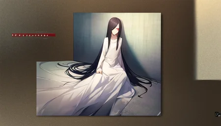 ((masterpiece)),(best quality), absurdres,sadako_yamamura,red eyes, white dress,<lora:Sadakobest:0.8>, <lora:graphicDesign20_v10:1>,graphic design,