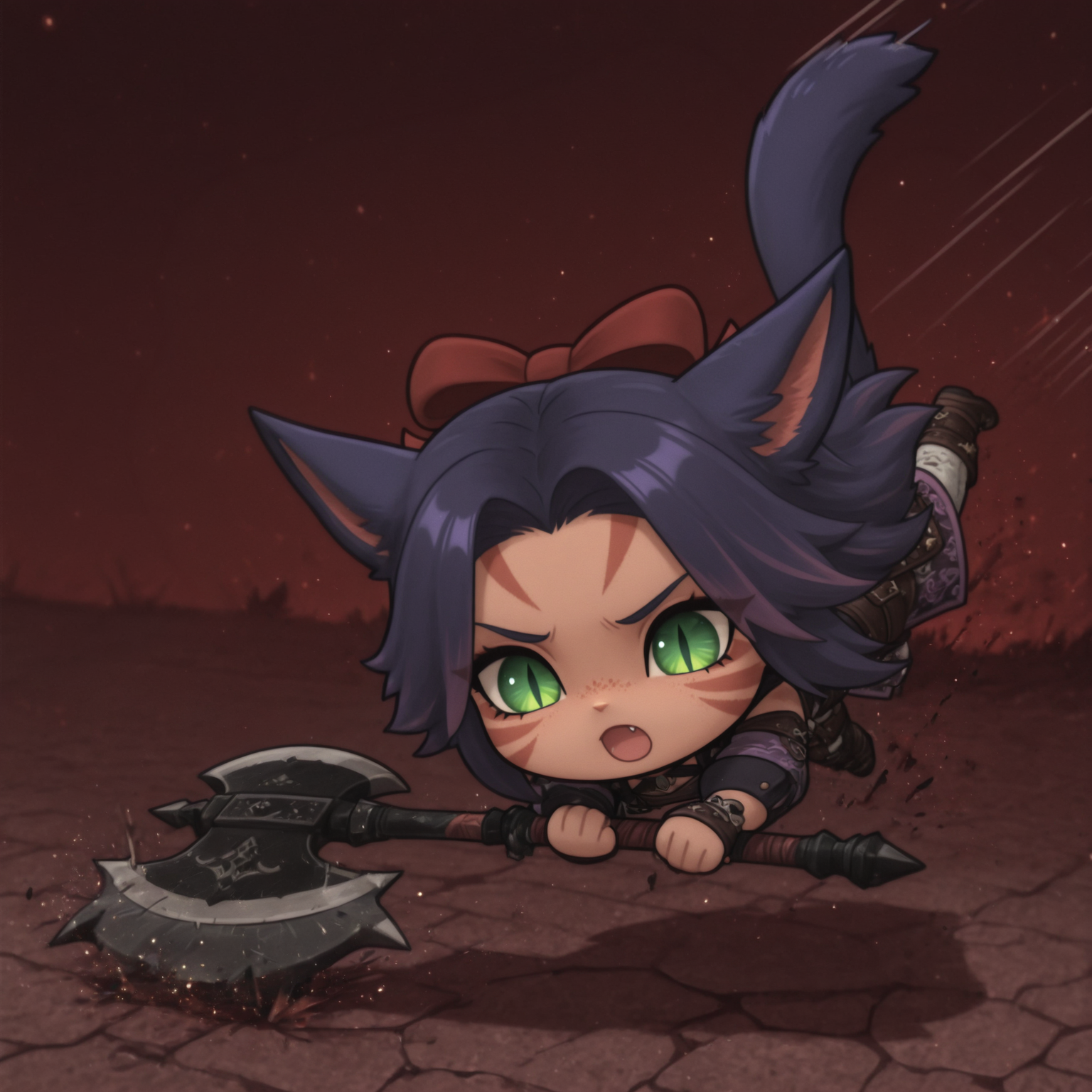 <lora:Nico_OC:0.6>, 1girl solo, short  purple hair, parted bangs, multicolored hair, green hair, green eyes, slit pupils, cat girl, cat tail, miqo'te, animal ears, facial marks, battle axe, slaming axe into ground, jumping,   <lora:HS-IL:1> h3lluva, chibi,  <lora:re4lity:0.6> re4lity_sync_illu
