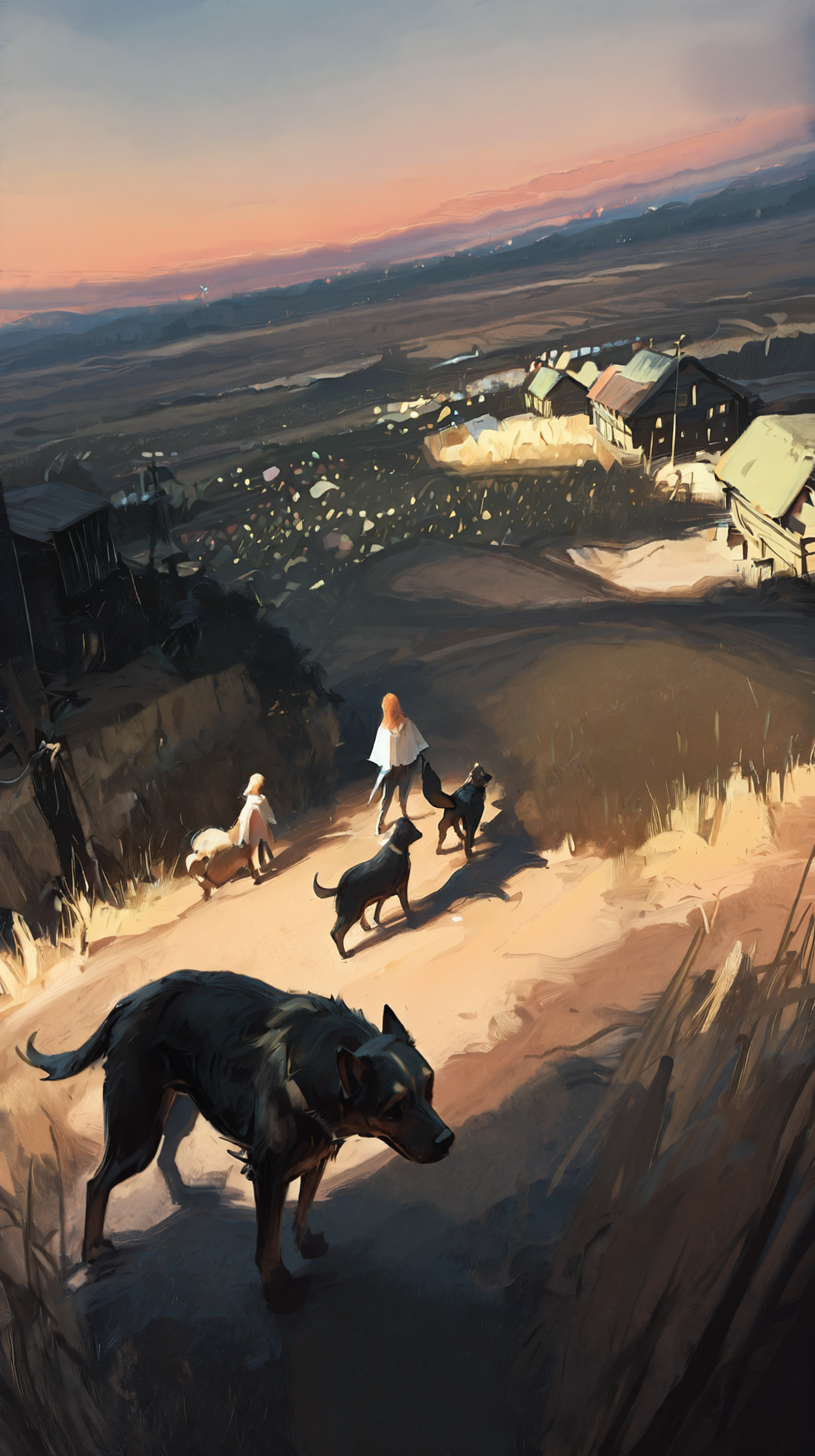 masterpiece, newest,absurdres,incredibly absurdres, best quality, amazing quality, very aesthetic, painterly, 
2girls,, hills, village, scenery, dutch angle, tall grass, orange hair, blonde, early morning, ground fog, long shadow, standing, spread legs, 1dog, full body, gradient sky,
 <lora:Hunternif16:1>
