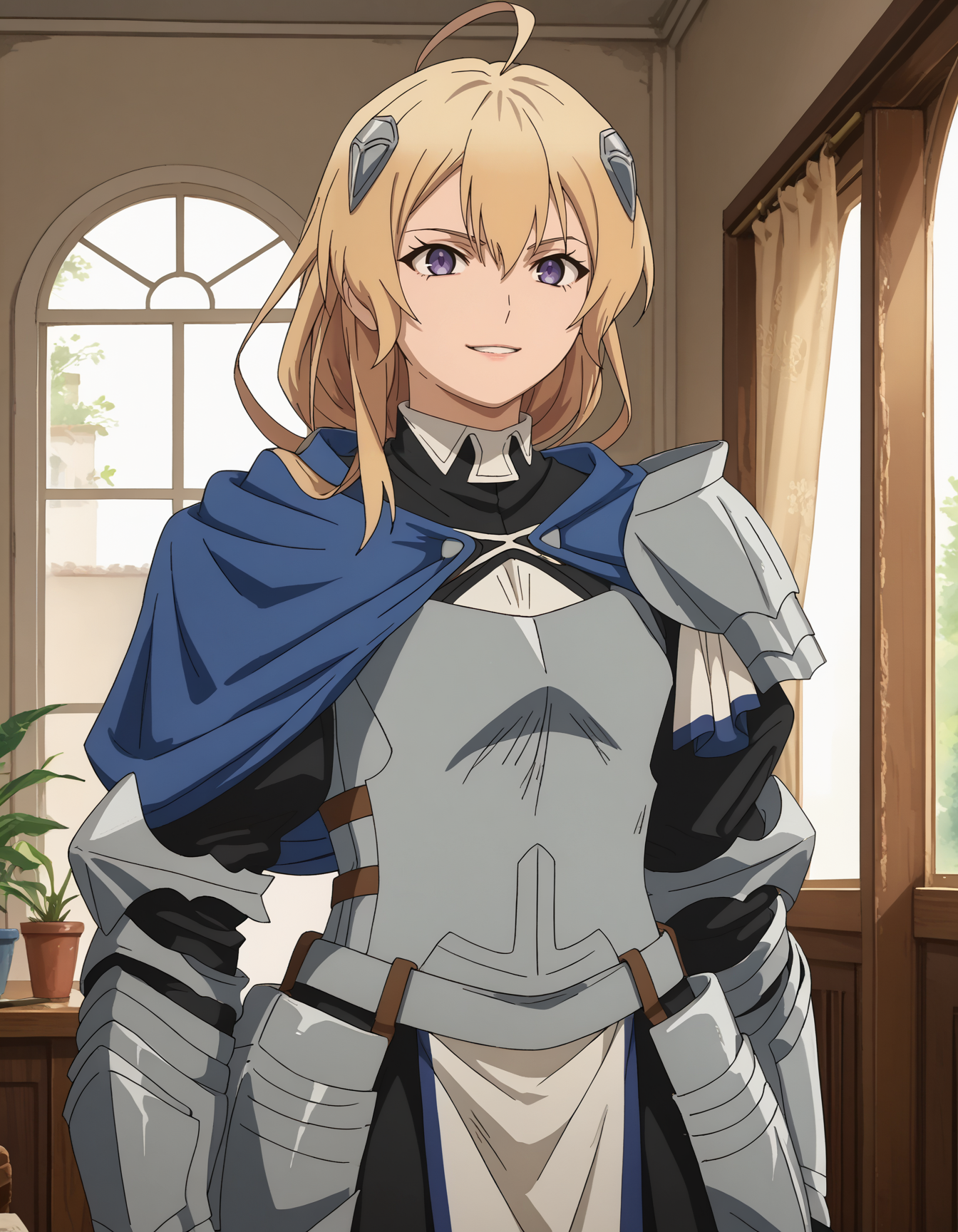 source_anime, score_9, score_8_up, score_7_up, score_6_up, score_5_up, score_4_up, rating_explicit,high resolution, detailed eyes,anime screencap,indoors,living room,simple background,
standing,thumbs up,
haines <lora:pony_haines:1>,
long hair,blonde hair,bangs,hair ornament,capelet,purple eyes,hair between eyes,armor,ahoge,breastplate,gauntlets,shoulder armor,knight,gloves,armored dress,pauldrons,ponytail,plate armor,sidelocks,armored boots,
pouty,mouth closed,smile, upper body,parted lips,looking at viewer,peace sign,