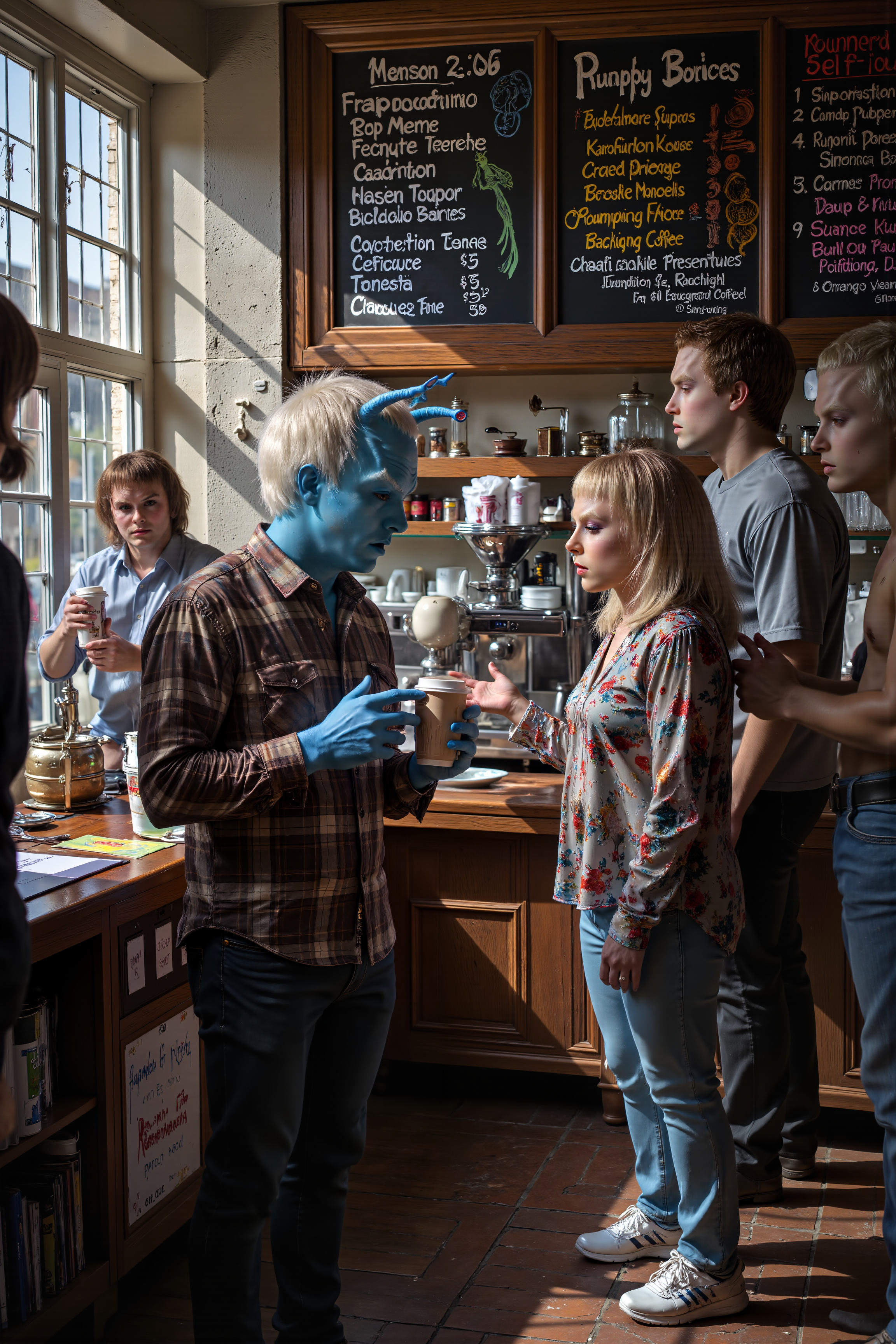 An Andorian man with bright blue skin and white hair is standing in line at a coffee shop, holding a reusable cup with a frustrated look on his face. His antennae droop slightly as he stares at the extensive, complicated menu board above the counter, clearly overwhelmed by the number of drink options. Wearing a simple brown flannel shirt, black jeans, and sneakers, he fumbles with his phone, trying to look up what a âfrappuccinoâ is, while the person behind him impatiently taps their foot. A barista with wide eyes glances nervously at his antennae as they bob in agitation. The cozy cafe is filled with the comforting hum of coffee machines and the rich scent of roasted beans, while sunlight filters through the windows, casting soft shadows on the floor. The Andorian's antennae twitch whenever someone calls out an unfamiliar drink order, adding to his growing confusion. A nearby chalkboard proudly advertises "Pumpkin Spice Season," which only deepens his uncertainty. The scene captures the amusing clash between an alien visitor and the complexity of modern coffee culture.<lora:midjourney_whisper_flux_lora_v01:0.55><lora:aidmaMJ6.1-FLUX-V0.1:0.4><lora:FluxMythP0rtr4itStyle:0.4><lora:detailed_flux_ntc:2.2><lora:aidmaImageUpgrader-FLUX-V0.1:0.65><lora:andorian_FLUX>