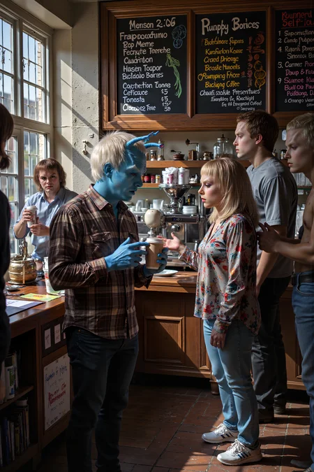 An Andorian man with bright blue skin and white hair is standing in line at a coffee shop, holding a reusable cup with a frustrated look on his face. His antennae droop slightly as he stares at the extensive, complicated menu board above the counter, clearly overwhelmed by the number of drink options. Wearing a simple brown flannel shirt, black jeans, and sneakers, he fumbles with his phone, trying to look up what a âfrappuccinoâ is, while the person behind him impatiently taps their foot. A barista with wide eyes glances nervously at his antennae as they bob in agitation. The cozy cafe is filled with the comforting hum of coffee machines and the rich scent of roasted beans, while sunlight filters through the windows, casting soft shadows on the floor. The Andorian's antennae twitch whenever someone calls out an unfamiliar drink order, adding to his growing confusion. A nearby chalkboard proudly advertises "Pumpkin Spice Season," which only deepens his uncertainty. The scene captures the amusing clash between an alien visitor and the complexity of modern coffee culture.<lora:midjourney_whisper_flux_lora_v01:0.55><lora:aidmaMJ6.1-FLUX-V0.1:0.4><lora:FluxMythP0rtr4itStyle:0.4><lora:detailed_flux_ntc:2.2><lora:aidmaImageUpgrader-FLUX-V0.1:0.65><lora:andorian_FLUX>