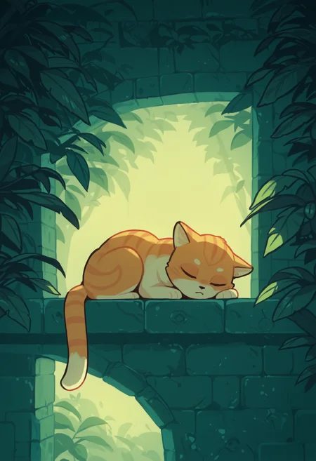 setie,
cat, animal focus, no humans, sleeping, nature, stone wall, on wall, leaf,
,
