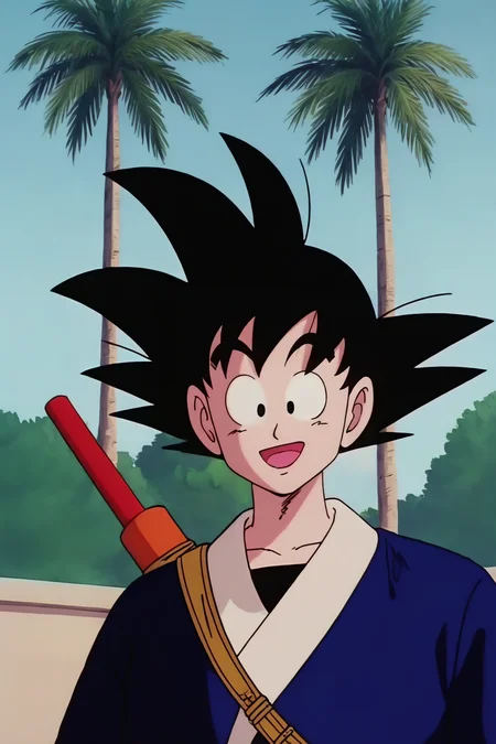 source_anime, score_9, score_8_up, score_7_up, anime screencap,8k, absurd res,
son goku, aged up, solo, smile, open mouth, black hair, 1boy, upper body, :d, male focus, outdoors, sky, day, black eyes, tree, blue sky, spiked hair, palm tree, dougi, raised eyebrows, weapon on back, nyoibo, looking at another, hand on head, long sleeves, black undershirt, blue kimono, collarbone, 1980s \(style\), retro artstyle
<lora:gokudb_pony_v3:0.8>