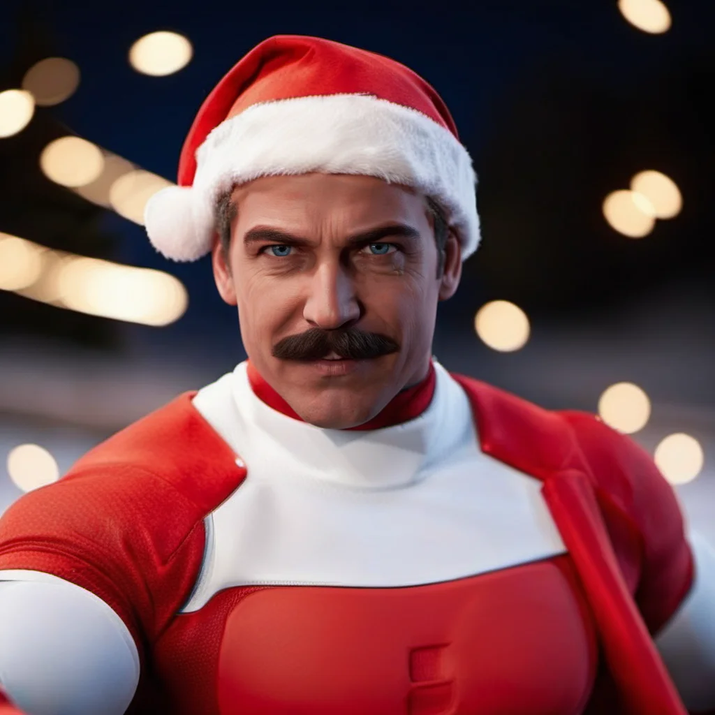 Omniman1024, a man with moustache dressed as a superhero with a red cape, portrait, snow, Santa's sleigh, christmas lights, christmas tree, christmas senery, gifts, smile, detailed eyes, highly detailed, photography, ultra sharp, film, bokeh, professional, 4k <lora:Omniman1024:0.8> <lora:add-detail-xl:2>