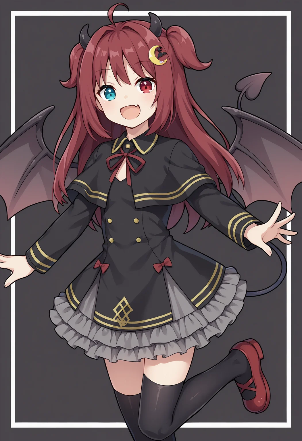 score_9, yr1, demon girl, blue eyes, red eyes, heterochromia, red hair, ahoge, two side up, long hair, crescent hair ornament, demon horn, fang, demon wings, brown wings, demon tail, red ribbon, neck ribbon, black dress, frilled dress, black capelet, frilled capelet, long sleeves, black thighhighs, shoes, red footwear, smile, looking at viewer<lora:YuzukiRoaXL-16:1>
