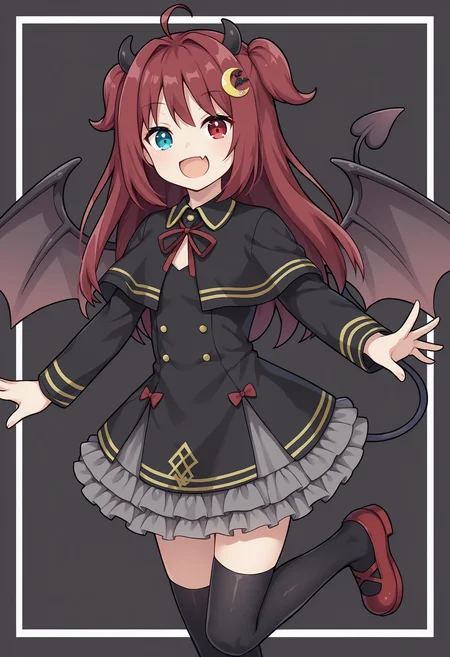 score_9, yr1, demon girl, blue eyes, red eyes, heterochromia, red hair, ahoge, two side up, long hair, crescent hair ornament, demon horn, fang, demon wings, brown wings, demon tail, red ribbon, neck ribbon, black dress, frilled dress, black capelet, frilled capelet, long sleeves, black thighhighs, shoes, red footwear, smile, looking at viewer<lora:YuzukiRoaXL-16:1>