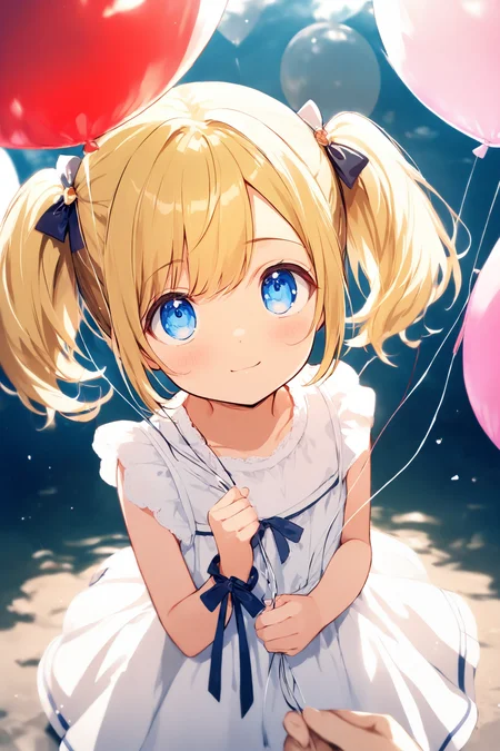 1girl, little girl, blonde hair, pigtails, smiling, looking up, blue eyes, white dress, holding balloon, ribbon on wrist, innocent expression BREAK pov hand, holding balloon, little girl looking up, warm lighting, sunny day, shallow depth of field, soft focus, masterpiece, best quality, absurdres
