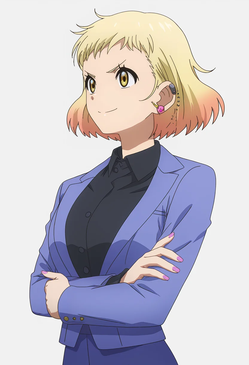 <lora:Mario_NACHI:1>,
Mario_NACHI_\(Medalist\),solo,crossed arms,smile,blonde hair,short hair,shirt,black shirt,white background,upper body,earrings,yellow eyes,jewelry,jacket,multicolored hair,nail polish,simple background,collared shirt,v-shaped eyebrows,ear piercing,closed mouth,pink nails,blue jacket,piercing,gradient hair,purple nails,long sleeves,cowboy_shot,blue pants