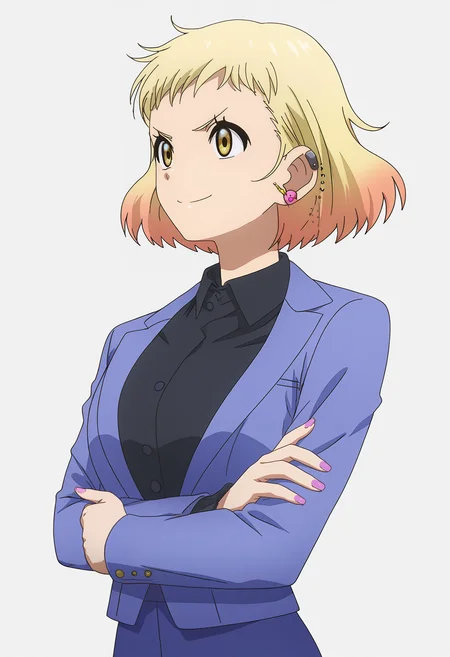 <lora:Mario_NACHI:1>,
Mario_NACHI_\(Medalist\),solo,crossed arms,smile,blonde hair,short hair,shirt,black shirt,white background,upper body,earrings,yellow eyes,jewelry,jacket,multicolored hair,nail polish,simple background,collared shirt,v-shaped eyebrows,ear piercing,closed mouth,pink nails,blue jacket,piercing,gradient hair,purple nails,long sleeves,cowboy_shot,blue pants