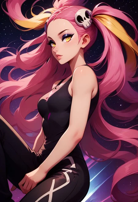 score_9, score_8_up, score_8, medium breasts, (curvy), cute, eyelashes, rating_safe,
BREAK,
zzPlumeria, pink hair, multicolored hair, blonde hair, two-tone hair, long hair, yellow eyes, hair ornament, quad tails, breasts, eyeshadow, skull hair ornament, black tank top, eyeshadow, makeup, black baggy pants, tattoo,
BREAK,
dynamic angle, stars, floating, colorful, pink, blue eyes, black bow, from side, on back, spaceship, technological,
zPDXL,