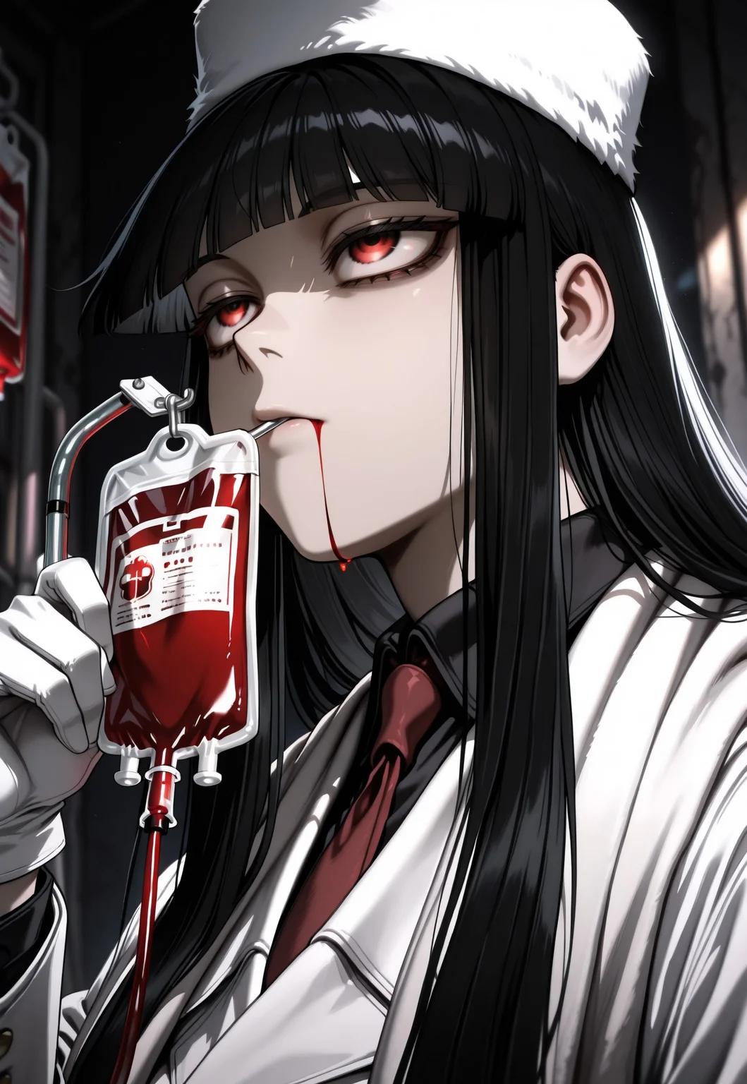 Girlycard, solo, 1girl, female focus, female, black hair, long hair, hime cut, blunt bangs, red eyes, fur hat, white jacket, black shirt, red necktie, white coat, white scarf, white gloves, white pants, black shoes, face focus, close up, portrait
BREAK
coy, upturned eyes, drinking blood from a blood bag, intravenous drip in mouth,
BREAK
chiaroscuro, soft shadows, dimly lit, dark background, ambient light, depth of field, lazypos