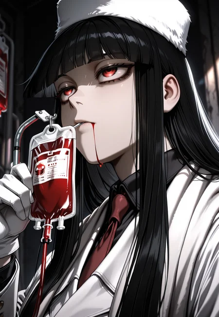 Girlycard, solo, 1girl, female focus, female, black hair, long hair, hime cut, blunt bangs, red eyes, fur hat, white jacket, black shirt, red necktie, white coat, white scarf, white gloves, white pants, black shoes, face focus, close up, portrait
BREAK
coy, upturned eyes, drinking blood from a blood bag, intravenous drip in mouth, 
BREAK
chiaroscuro, soft shadows, dimly lit, dark background, ambient light, depth of field, lazypos