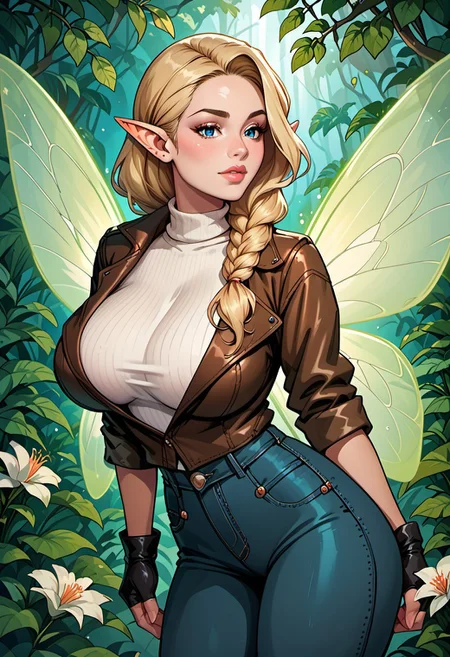 score_9, score_8_up, score_7_up, score_6_up, score_5_up, score_4_up, beautiful fairy woman, mature, long blonde braided hair, reij-hrstyl01 hairstyle, elf ears, detailed blue eyes, bright blue eyes, soft round jaw, magical aura, (delicate glowing wings with green patterns:1.4), (fairy wings:1.3), huge breasts, black jeans, white turtleneck, black leather jacket, fingerless gloves, leather gloves, jungle scene, ancient temple ruins