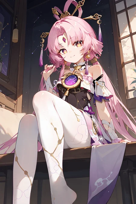 (score_9,score_8_up,score_7_up),<lora:Fu Xuan(Honkai Star Rail)-v1:1>,Fu Xuan(Honkai Star Rail),1girl,solo,pink hair,long hair,looking at viewer,bangs,white pantyhose,smile,pantyhose,holding hair,bare shoulders,forehead jewel,jewelry,closed mouth,parted bangs,ahoge,hair ornament,earrings,breasts,dress,sitting,frills,holding,indoors,
good feet,anime,NSFW,expressive,amazing quality,ultra hd 32k,