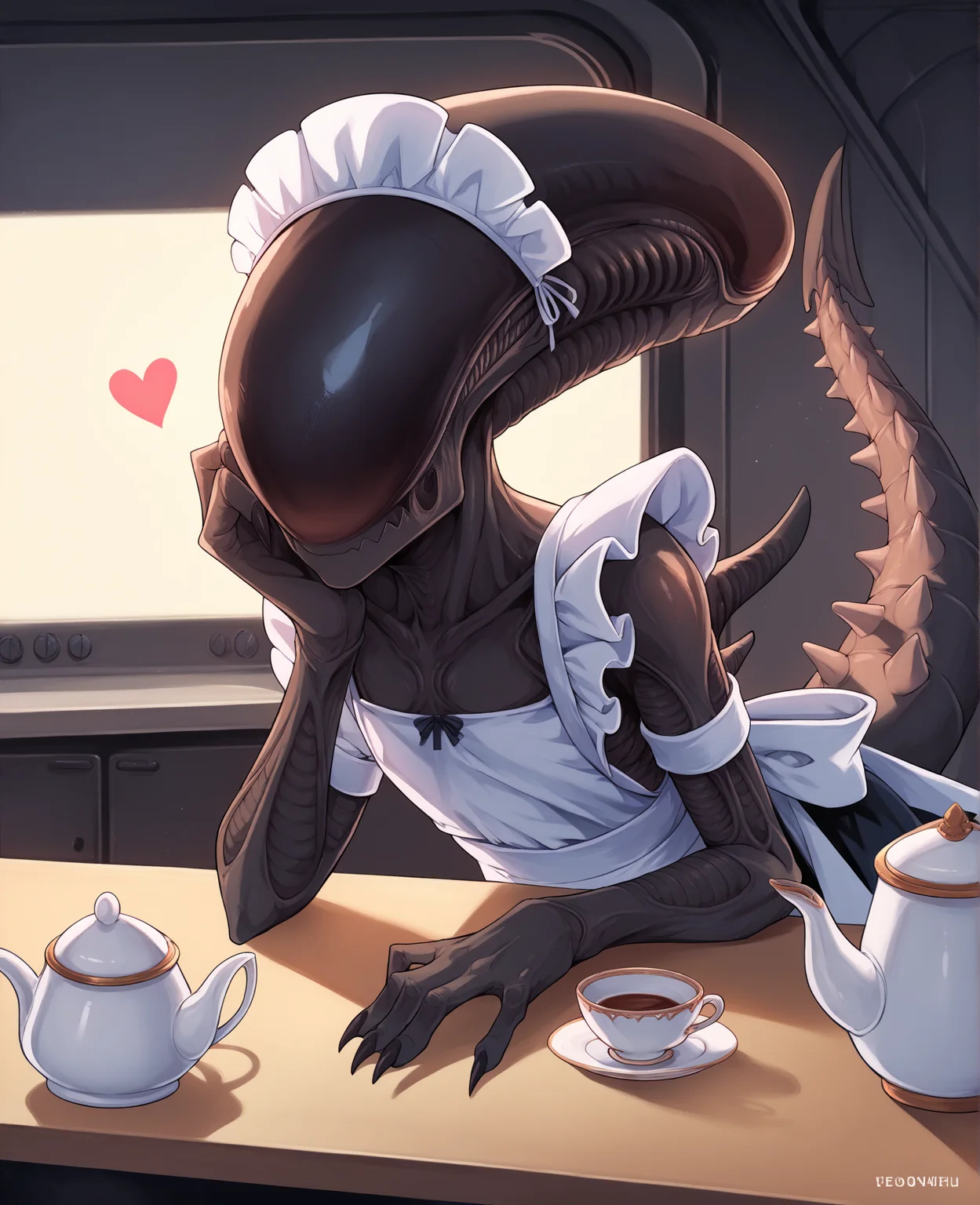 score_9, score_8_up, score_7_up, score_6_up, score_5_up, score_4_up, source_furry, [wozq|ncc], alien, xenomorph, black body, black skin, solo, spiked tail, spikes, spikes \(anatomy\), tail, female, inside, looking at viewer, head on stomach, standing, motion lines, emanata, claws, (maid uniform, maid, maid headdress:1.2), cleavage, cute, heart, backlighting, happy, <3, heart, kitchen, table, teacup, teapot, tea set, serving, flat chest, tall, muscular
 <lora:xenomorph_pdxl:1>