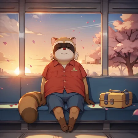 score_9, score_8_up, score_7_up, (falling petals), sunlight, (magical place), sunset, hot day, cherry blossoms, masterpiece, highres, highres, <lora:rascal-v2-16:1> rdrascal, raccoon, ((gnome)), plump:0.5, 1boy, solo, red shirt only, sitting, sleeping, train_station,