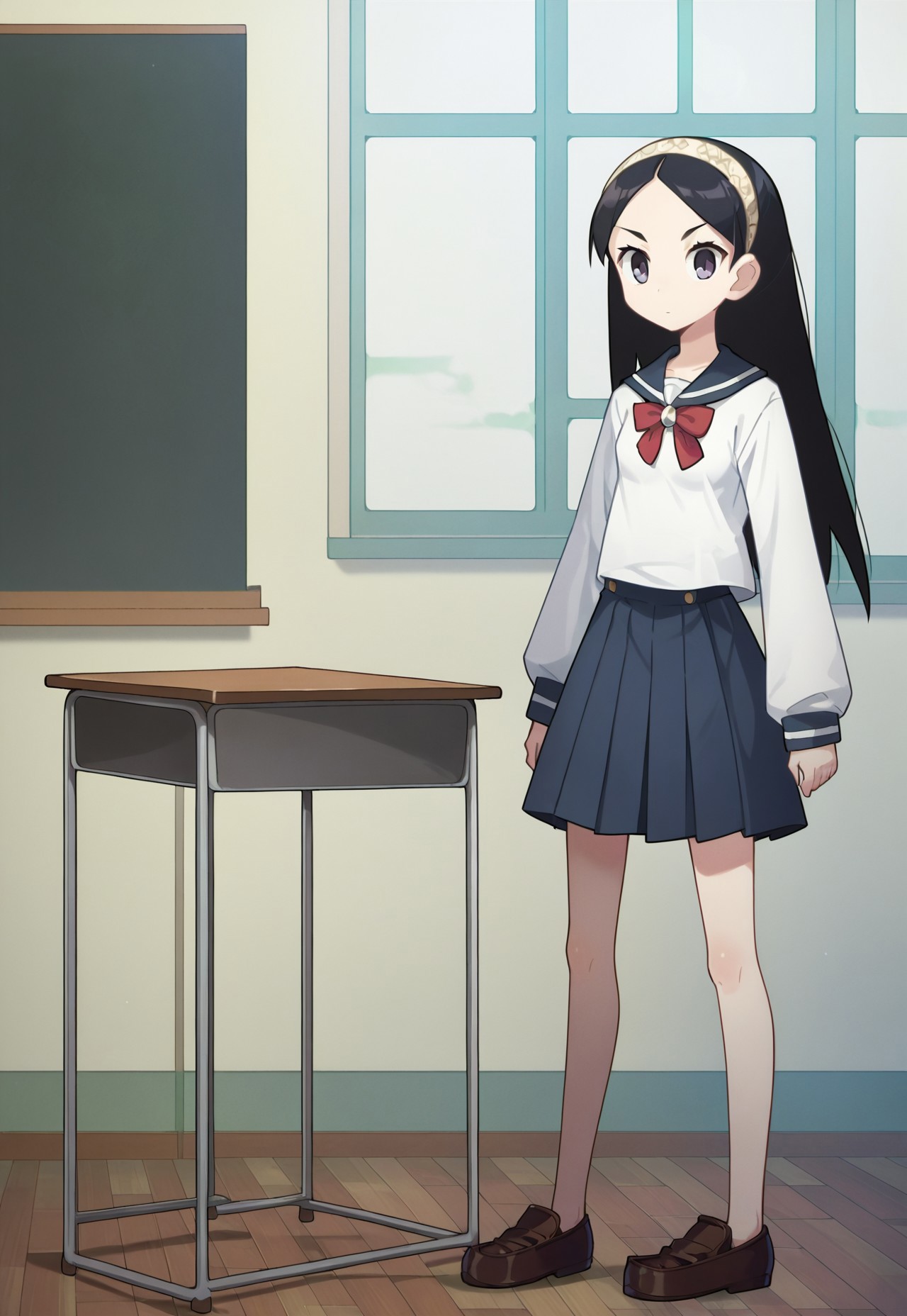safe_pos, score_9, score_8, score_7, source_anime, kitsu chiri, closed mouth, expressionless, shirt, small breasts, full body, hairband, loafers, indoors, classroom, long sleeves