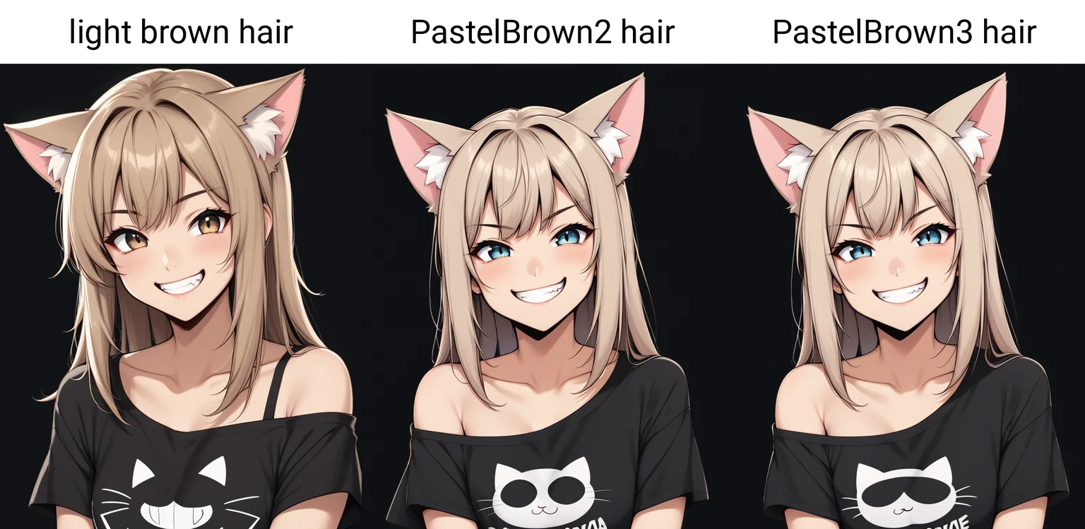 1girl, cute, cat ears, toothy grin, t-shirt, off-shoulder, light brown hair, black background