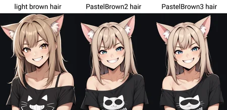 1girl, cute, cat ears, toothy grin, t-shirt, off-shoulder, light brown hair, black background