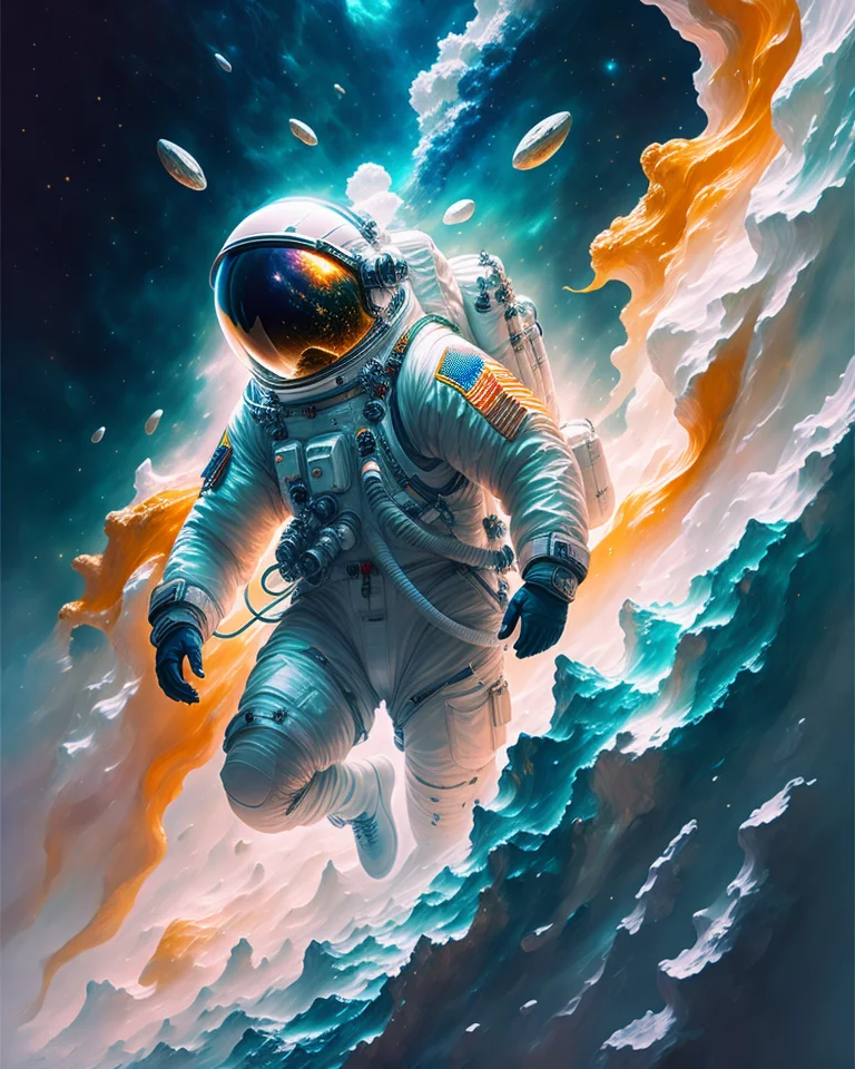 astronaut, climbing the asteroid, character render, ultra high quality model, ethereal background, abstract beauty, explosive volumetric, oil painting, heavy strokes, paint dripping