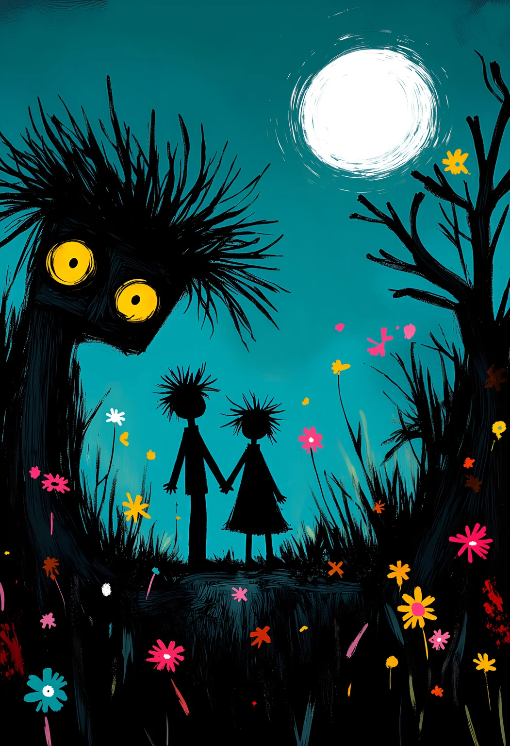 . whimsicalart, darkfairytale, (moonlightart:1.2), (whimsical illustration:1.2), dreamy, moody, fantasy, magic.  from behind.  ((hansel and gretel) standing hand in hand in a dark lone forest at midnight under the full moon. there is a (lonly dark rotten small (gingerbread cabin)) where an (old witch looks out of the door):1.2).  extreme spooky atmosphere, fog, mist.   masterpiece of fun.  brilliant dark collors, volumetric lighting, god rays.  , <lora:30 style\flux Dark Whimsical Art v1 ()>, <lora:30 style\flux MOONZ WILD v1 ():0.8>, , , , ,