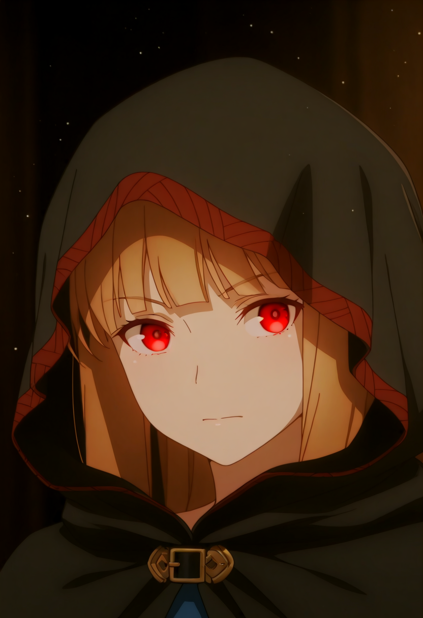 holooutfit1_cloaked, 1girl, long brown hair, bangs, red eyes, fox ears, medium breast, |  hooded cloak, long black cloak, red patterned trim, braided trim, under cloak long black dress, fur trim, red belt, long sleeves, blue shirt, open vest, , beads, fox tail,
 <lora:Holo_IL:1>,
 (Character),masterpiece,best quality,intricate details,gothic fantasy,upper body portrait,dramatic pose,confident gaze,cinematic lighting,clean background,glowing magical particles,detailed face,vibrant colors,.