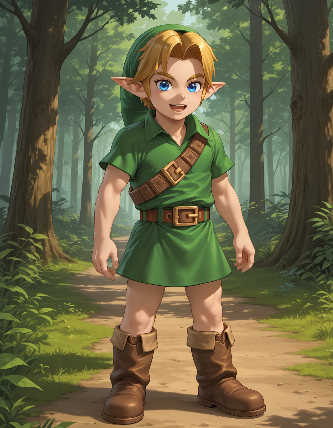 score_9, score_8_up, score_7_up, source_anime,perfect face, detailed, intricate details, highres, absurdres
BREAK
YLink, 1boy,young, solo, thighs,green hat, blonde hair, pointy ears, blue eyes, green tunic, brown belt, brown boots,
smile,open mouth,
forest,
BREAK
<lora:Young_Link_The_Legend_of_Zelda:1> , <lora:add-detail-xl :1>
