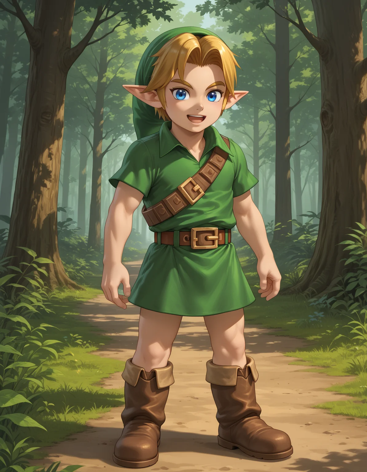 score_9, score_8_up, score_7_up, source_anime,perfect face, detailed, intricate details, highres, absurdres
BREAK
YLink, 1boy,young, solo, thighs,green hat, blonde hair, pointy ears, blue eyes, green tunic, brown belt, brown boots,
smile,open mouth,
forest,
BREAK
<lora:Young_Link_The_Legend_of_Zelda:1> , <lora:add-detail-xl :1>