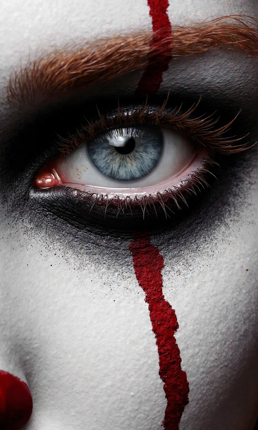 Art by Anato Finnstark. An ultra close-up digital painting, hyper-realistic in detail, focusing intensely on the left eye of a woman made up as Pennywise. The light grey iris is rendered with crystalline clarity, reflecting a subtle light source, contrasting sharply with the dilated pupil. Surrounding the eye, the heavy, smudged black makeup is depicted with powdery texture, blending imperfectly into the stark white face paint beneath. The iconic red line slices vertically through the frame, its pigment appearing slightly raised and cracked upon close inspection, revealing minuscule skin texture underneath. Individual eyelashes, coated slightly with makeup, are precisely detailed. Strands of fiery reddish-brown hair intrude slightly into the frame from the top, rendered with hyper-realistic texture. The white face paint shows subtle variations in application, capturing the way it settles on the skin's surface. The lighting is dramatic, emphasizing the textures and the intense, unsettling gaze. Shallow depth of field ensures only the immediate eye area and surrounding textures are in sharp focus., <lora:Laura H. Rubin:0.35> By Laura H. Rubin