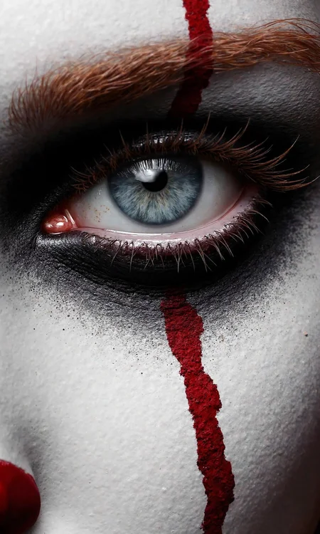 Art by Anato Finnstark. An ultra close-up digital painting, hyper-realistic in detail, focusing intensely on the left eye of a woman made up as Pennywise. The light grey iris is rendered with crystalline clarity, reflecting a subtle light source, contrasting sharply with the dilated pupil. Surrounding the eye, the heavy, smudged black makeup is depicted with powdery texture, blending imperfectly into the stark white face paint beneath. The iconic red line slices vertically through the frame, its pigment appearing slightly raised and cracked upon close inspection, revealing minuscule skin texture underneath. Individual eyelashes, coated slightly with makeup, are precisely detailed. Strands of fiery reddish-brown hair intrude slightly into the frame from the top, rendered with hyper-realistic texture. The white face paint shows subtle variations in application, capturing the way it settles on the skin's surface. The lighting is dramatic, emphasizing the textures and the intense, unsettling gaze. Shallow depth of field ensures only the immediate eye area and surrounding textures are in sharp focus., <lora:Laura H. Rubin:0.35> By Laura H. Rubin