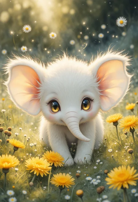 masterpiece, best quality, A fluffy, cute tiny elephant cub waddles playfully through a sunlit meadow dotted with vibrant dandelions, its large, round eyes glistening with curiosity. The soft, white fur radiates warmth, while its oversized ears flap lightly with each enthusiastic step. As gentle breezes carry wisps of dandelion seeds into the air, the scene encapsulates a whimsical, carefree moment in nature’s embrace, emphasizing the elephant's joyful exploration. masterpiece raw analog candid photography, rendered in breathtaking hyperrealism. The creature`s face retains the quintessential feline charm, captures the quiet magic of nature's resilience and the promise of spring, highly detailed, beautiful, vibrant, masterpiece, 32k, ultra HD, ultra-detailed, amazing quality, amazing artist, sharp edges, detailed textures, full view, atmospheric lighting, amazing visuals, An embroidered design Spring atmosphere